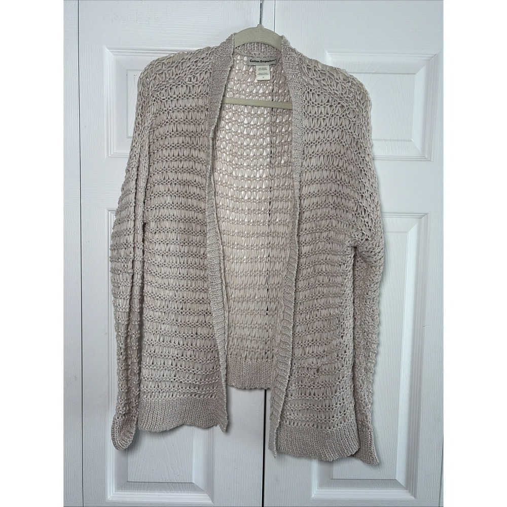 Cotton Emporium Open Knit Cardigan Womens Size M Beige Boho Crochet Minimalist